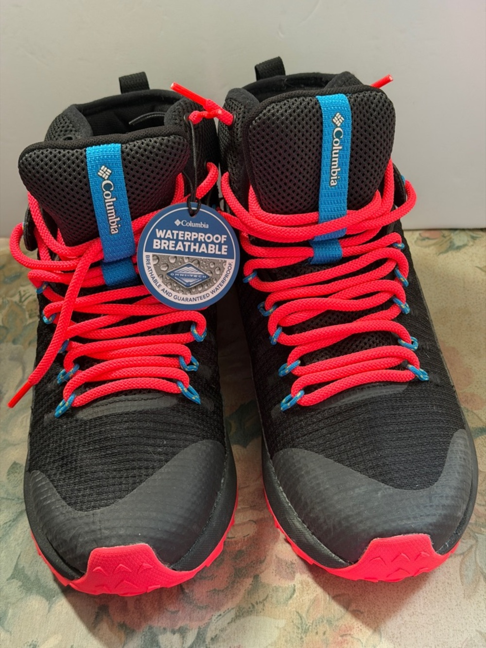 Columbia Black Hiking Boots with Bright Pink Laces and Blue Tabs